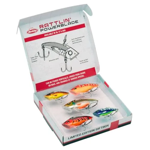 Berkley Rattling PowerBlade Gift Box Limited Edition - Lockmittel für Angler mit 5 Metallködern, die starke Druckwellen erzeugen und ideal zum Spinnfischen auf Barsche und Hechte sind.