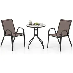 COSTWAY 3tlg. Balkonmöbel Set, Bistrotisch mit 2 stapelbare Stühlen, Bistroset, Gartenset, Gartengarnitur, Gartenmöbel, Sitzgarnitur, Sitzgruppe... - Braun