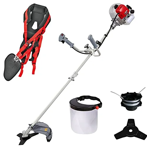 IKRA Benzin Freischneider Trimmer IBF 43 - Rasentrimmer mit 2-Takt-Benzinmotor (42,7cm³), ideal für hohes Gras und Gestrüpp. Inkl. Profi-Schultergurt, Schutzschild und werkzeuglosem Luftfilterwechsel für müheloses Arbeiten.