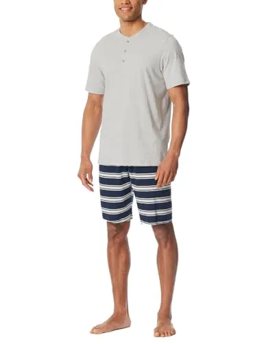 Schiesser Herren Schlafanzug kurz mit Knopfleiste - Schlafanzüge für Herren, bequemes Pyjamaset in hellgrau mit praktischer Knopfleiste für optimalen Tragekomfort