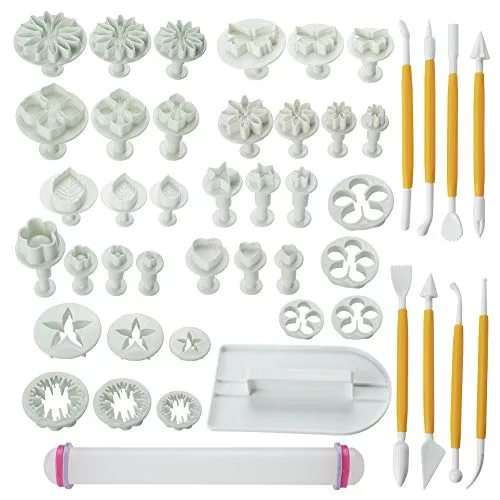 Soleebee 46-Teiliges Fondant Ausstecher Set Ausstechformen für Buchstaben, Zahlen, Rose Blume Formen Set Fondant Werkzeuge Auswerfer Stempel Modellierwerkzeug für Torten Deko