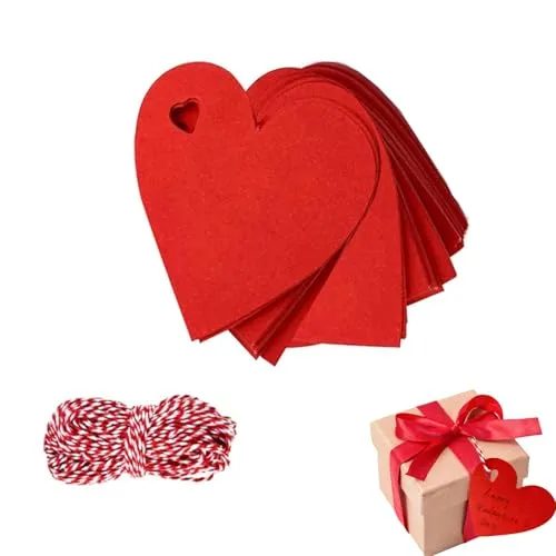 Stück Herz-Geschenkanhänger, Rote Herzförmige Papieranhänger mit 10m Schnur, für Valentinstag, Weihnachten, Hochzeit, Thanksgiving, Geburtstag, Feiertagsfeier 100