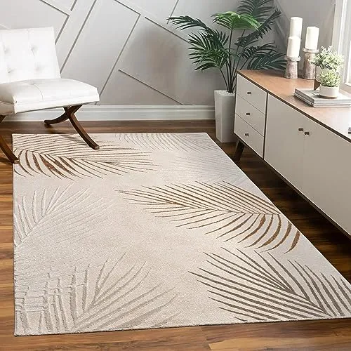 Paco Home Teppich Wohnzimmer Schlafzimmer Moderner Kurzflor glänzendes Palmen-Muster Florales Design Geometrisch Hoch-Tief-Effekt 3D, Grösse:80x300 cm, Farbe:Beige 2
