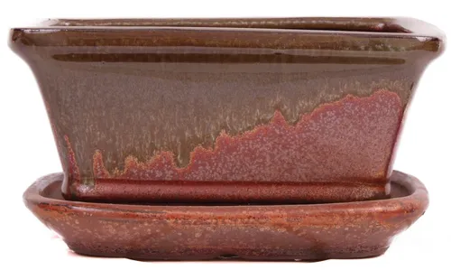 Bonsai - Schale eckig 16.5 x 13 x 7.7 cm , kupfer / grünbraun , mit Untersetzer