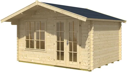 Skan Holz Holz-Gartenhaus Stavanger 1 Natur 380 cm x 300 cm - Holz-Gartenhaus mit 11,4 m² Grundfläche und breitem Eingang für einfaches Begehen. Ideal als Pavillon oder Geräteschuppen, gefertigt aus 45 mm starken Blockbohlen für hohe Stabilität.