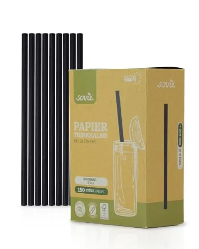 Sovie Strohhalme Papier Schwarz - Trinkhalme Plastikfrei, FSC-zertifiziert, Made in EU, Biologisch Abbaubar, im Karton - Ø8mm - 20cm Länge - 150 Stück