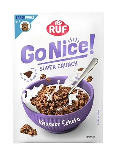 RUF GoNice! Super Crunch Knusper Schoko Müsli, Granola mit Schokolade, 50 g | Knusper-Schoko-Granola mit Vollmilchschokoraspeln,idealer Snack für unterwegs, im Joghurt oder als Snack mit Milch