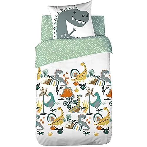CÔTE DECO Bettwäsche für Kinder, wendbar, Dinosaurier, Jurassik, grün, Bettbezug 140 x 200 cm + 1 Kissenbezug 63 x 63 cm, 100% Baumwolle