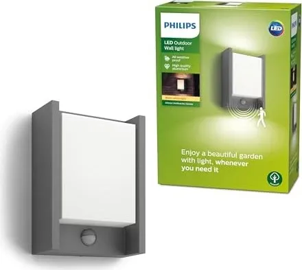 Philips Arbour Außenwandleuchte mit Sensor, LED 6W, Anthrazit - Lampen mit Bewegungssensor und warmweißem Licht, ideal für die sichere Beleuchtung Ihres Außenbereichs.