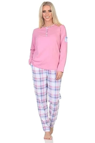 Normann Damen Schlafanzug Langarm mit Karierter Jersey Hose - auch in Übergröße, Farbe: rosa, Größe: 36-38 - Bequemer Damen Schlafanzug mit Langarm-Oberteil und karierter Hose, ideal für entspannte Tage und Nächte. Erhältlich in Übergrößen für optimalen Tragekomfort. Hergestellt nach OEKOTEX STANDARD 100 für geprüfte Qualität.