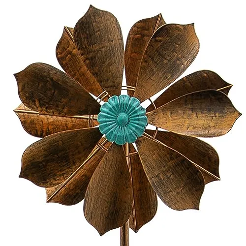 HAFIX Windrad Windnarzisse 3D Optik Ø38cm. Windspiel für den Garten aus Metall. Windmühle mit Höhenverstellung dekorativ einzigartiger Blickfänger, wetterfest. Farbe türkis & Kupfer Höhe 125cm.