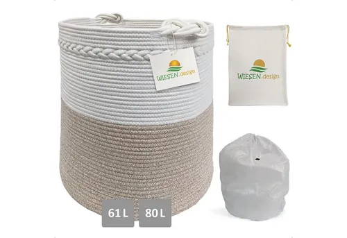 WIESEN.design Wäschekorb KNUT - Faltbarer Baumwollkorb - Wäschekorb aus geflochtener Baumwolle, faltbar und mit schwerem Wäschesack, ideal für stilvolle Aufbewahrung, 61 l Fassungsvermögen, gratis Versand.