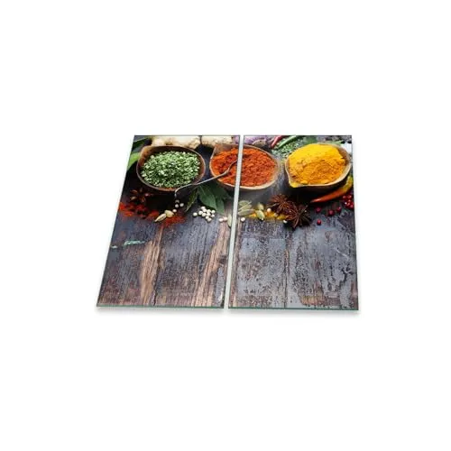 Herdabdeckplatte Abdeckung Ceranfeld Abdeckplatte Schneidebrett 2-Teilig 60x52 Gewürze Mehrfarbig Spritzschutz Glasplatte Ceranfeldabdeckung Schutz Herdschutz Sicherheitsglas Glasschneidebrett 2x30x52