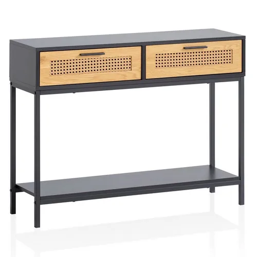 FineBuy Konsolentisch Schwarz 100x30x75 cm - Drohnen: Stilvoller Konsolentisch mit Wiener Geflecht und praktischen Schubladen – ideal für eleganten Stauraum im Flur!