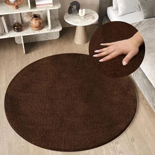 TAPISO Cuddle Teppich Rund Hochflor Braun Langflor Shaggy Einfarbig rutschfest Weich Waschbar Wohnzimmer Schlafzimmer Kinderzimmer ÖKOTEX 80 x 80 cm