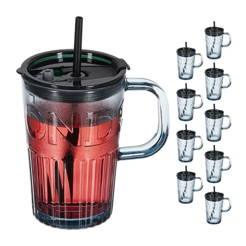 relaxdays Gläser-Set 10er Set mit Henkel und Deckel - Praktisches Gläser-Set für unterwegs, ideal für Gartenpartys und Picknicks. Mit abnehmbaren Deckeln und Strohhalmöffnungen für vielseitigen Genuss von Heiß- und Kaltgetränken.