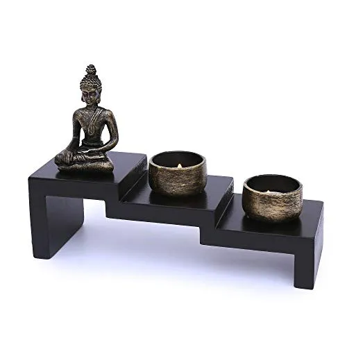 Zen Garten mit Buddha Figur - Japanischer Miniatur Garten - Feng Shui Kerzenhalter - Esotherik Set mit 2 Teelichtern - Glücksbringer aus dem Buddhismus und Daoismus (als Teelichthalter)