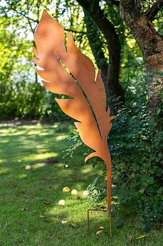 KUHEIGA Gartenstecker Feder aus Metall Edelrost, Roststecker Höhe 152cm Beetstecker Rost