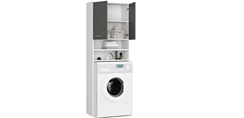 BDW Waschmaschinenschrank 180x64x30 cm, Badezimmer Hochschrank, Badezimmerschrank Hoch, Badezimmer Möbel, Bad Schrank Badezimmerschrank, Badregal, Waschmaschine, Weiß/Grau