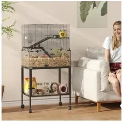 PawHut Hamsterkäfig mit Rollen - 3 Etagen Nagerkäfig mit Zubehör - Gestalten Sie das Zuhause Ihres Kleintiers mit diesem PawHut Hamsterkäfig! Mit zwei Rampen und Plattformen für Erkundung und Spielspaß sowie einer tiefen Glasbasis für natürliches Grabverhalten.