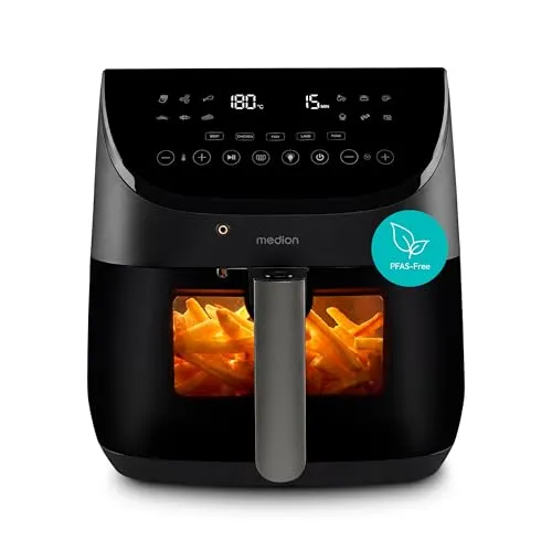 Medion® Heißluftfritteuse MD13060, 1300 W - Heißluftfritteusen mit 10 Automatikprogrammen und ultraleisem DC-Motor, perfekt für gesunde und knusprige Gerichte ohne viel Öl.