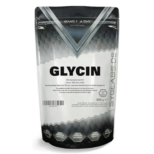 Glycin Pulver 100% rein - 1000g Aminosäure Glycine - Veganes Glycin Pulver ohne Zusatzstoffe, glutenfrei und GMO-frei. Ideal zur Unterstützung der Muskulatur und für ein gutes Preis-Leistungs-Verhältnis mit ca. 1000 Portionen.