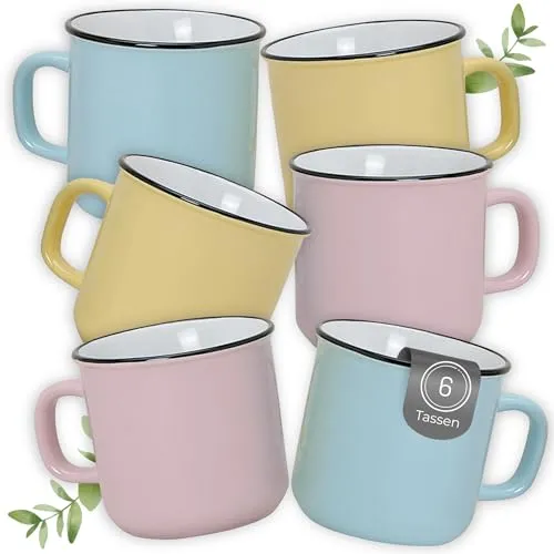 matches21 HOME & HOBBY Kaffeetassen Emaille-Optik Pastell, Teetassen 6er Set, 350 ml - Retro Keramikbecher Scandi Look