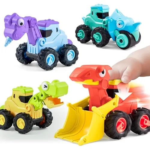 JOYIN 4 Stück Bagger Kinder Auto Spielzeug ab 3 4 5 Jahren, Aufziehauto, Sandkasten Sandspielzeug（Traktor, Bulldozer, Kipper, Zementmische） Dinosaurier-Spielzeug, Baby Bagger Spielzeugautos