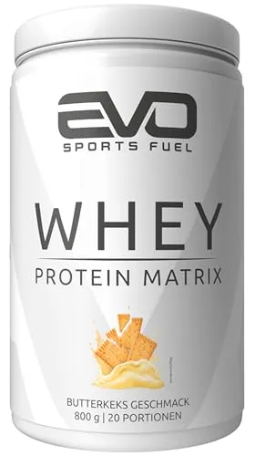 EVO SPORTS FUEL Whey Protein Pulver Matrix | Butterkeks | 800g | bis zu 31g Protein pro Portion | für Muskelaufbau und -erhalt, geprüfte Qualität | Made in Germany (1er Pack)