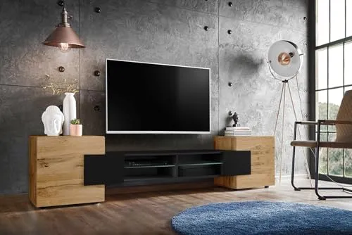 Komodee Merano TV Schrank - TV-Halterungen: Stilvoller Schrank in Wotan Schwarz, bietet Platz für Fernseher und Zubehör. Hochwertige Materialien und elegantes Design für Ihr Wohnzimmer oder Schlafzimmer.