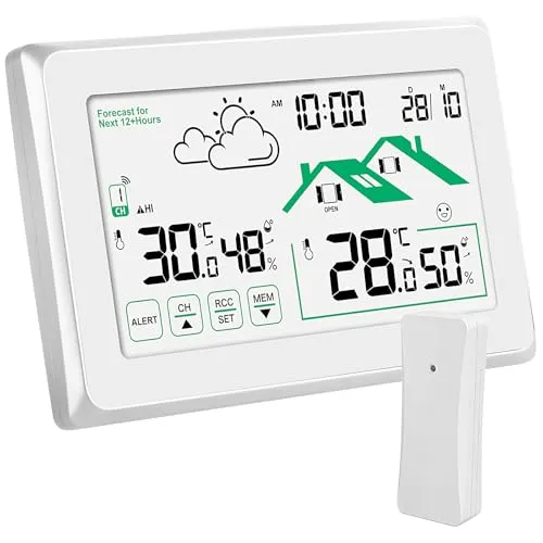 Wetterstation Funk mit Außensensor, Wettervorhersage/Thermometer/Funkwetterstation/Digitaluhr/LCD Touchscreen/DCF Funkuhr für Temperatur und Feuchtigkeitsüberwachung Innen/Außen