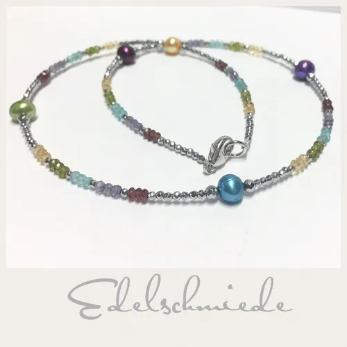 Edelschmiede925 Edelsteincollier Mix + echte Perle multi 925/- Silber rhod. 46 c