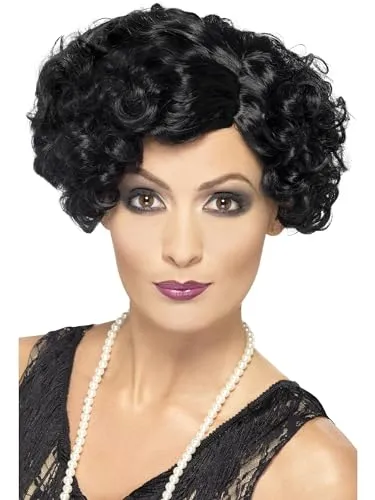 Smiffys 20er Flirty Flapper Perücke - Kurz und Lockig, glamouröser 20er Jahre Look in Schwarz für Damen