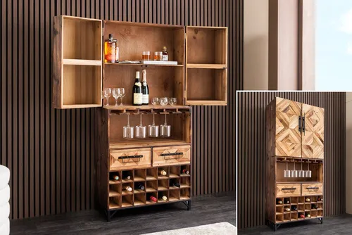 riess-ambiente Barschrank BODEGA 160cm aus Pinienholz - handgefertigtes Weinregal mit Glashalter und Schubladen - Eleganter Barschrank aus massivem Pinienholz, handgefertigt mit 6 Fächern und 2 Schubladen. Ideal zur stilvollen Aufbewahrung von Weinflaschen und Gläsern. Ein Blickfang für jedes Zuhause!