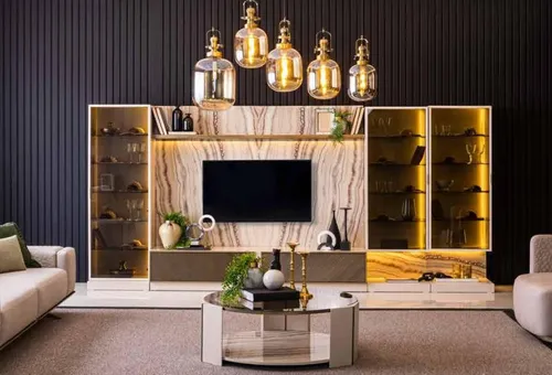 Elegant Wohnwand 388cm für Wohnzimmer mit LED-Beleuchtung - Moderne Wohnwand in Beige mit 18 Regalfächern und 3 Türen. Ideal für stilvolle Wohnräume, mit LED-Beleuchtung für eine besondere Atmosphäre. Maße: 388 x 40 x 180 cm, freistehend und einfach zu montieren.