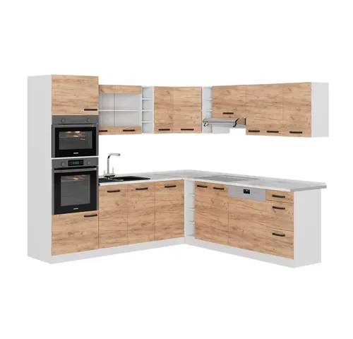 Vicco Winkelküche R-Line, Goldkraft Eiche/Weiß, 237 x 247 cm - L-Küche in modernem Design mit höhenverstellbaren Füßen, flexibel anpassbar und ideal für kleine bis große Räume. Schaffen Sie Ihre Traumküche mit der R-Line!