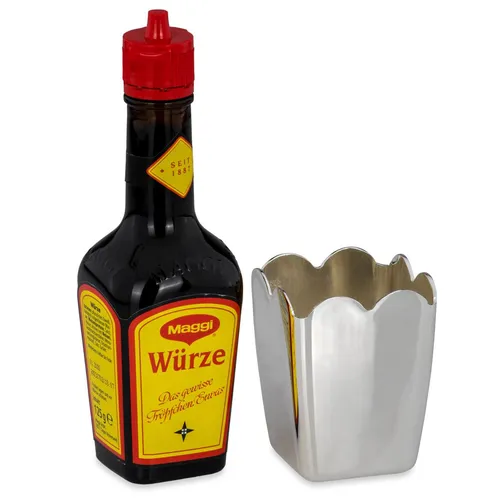 versilberter Maggi Flaschenhalter inkl. Flasche 16 cm hoch in silber von Hermann Bauer jun.