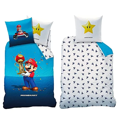 Super Mario Kart Bettwäsche-Set Champion Trophy 135x200 cm - Bettwäsche-Set aus 100% Baumwolle in Renforcé-Qualität, hautfreundlich und atmungsaktiv für gesunden Schlaf. Ideal für kleine Mario-Fans, sorgt für Freude im Kinderzimmer.