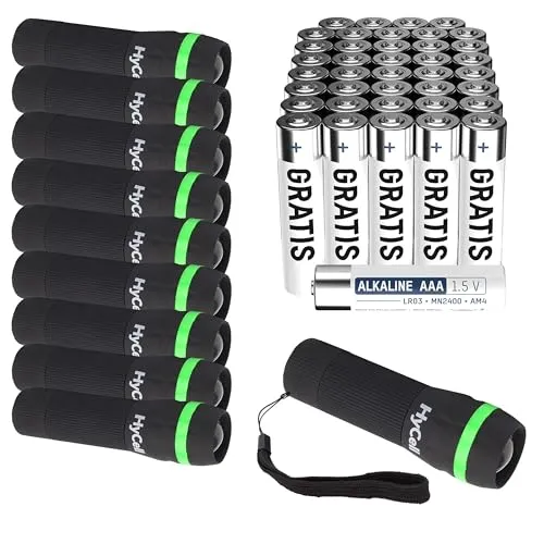 Hycell Mini LED Taschenlampe - Fokussierbar und inkl. 40 AAA Batterien - Taschenlampen mit stufenloser Fokussierung und bis zu 110 Meter Leuchtweite. Ideal für Camping und Werkstatt, extrem langlebig und inklusive 40 AAA Batterien für lange Leuchtdauer.