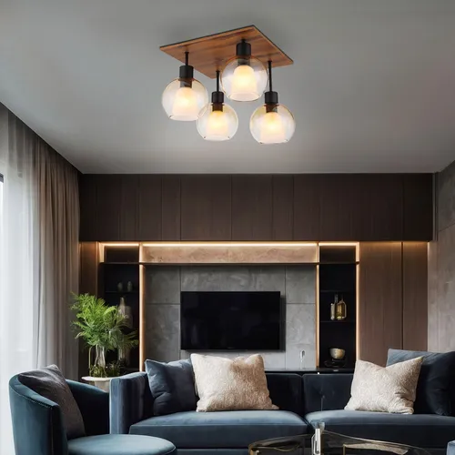 Deckenleuchte Holzlampe 1 flammig Glas rauch - Lampen für stilvolle Beleuchtung, mit edlem Metall in schwarz matt und schickem Glas in Amber. Ideal für ein gemütliches Wohnzimmer-Ambiente.