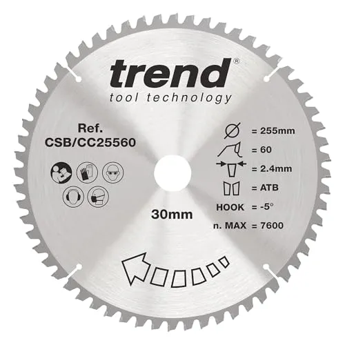 Trend Wood Gehrungssägeblatt, 255 mm Durchmesser, 30 mm Bohrung, 60 Zähne, 2,4 mm Schnittfuge, -5° Haken, TCT, feine Oberfläche, CSB/CC25560