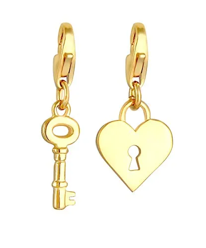 Schlüssel und Schloss Charm Anhänger 925 Sterling Silber vergoldet - Bead Charms für Damen, romantisches Schloss und Schlüssel als Zeichen der Liebe, passend für alle gängigen Charmträger und Bettelarmbänder.