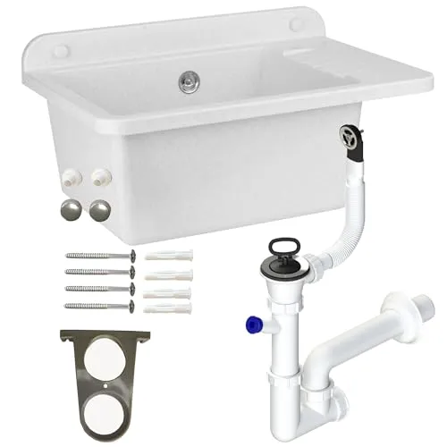 Waschbecken mit Siphon Ausgussbecken aus Kunststoff weiß Granit Farbe, 50 cm Länge hängen Wasserinstallation Küche Badezimmer robuste Waschtrog