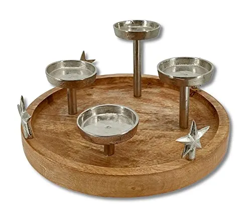 DARO DEKO Mango-Holz und Metall Kerzenhalter rund Silber Ø 30cm (mit Sternen)