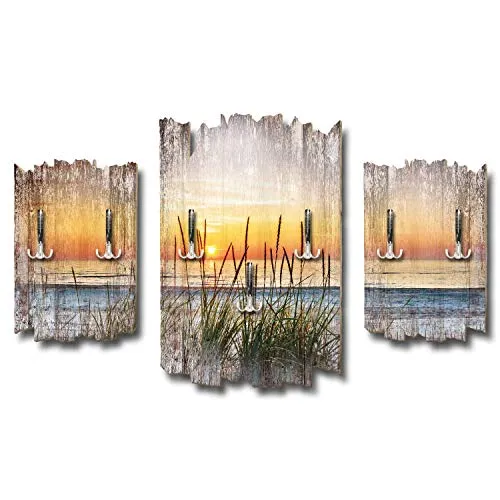 Kreative Feder 3-teilige Designer Wandgarderobe Abendspaziergang am Strand - Flurgarderobe Wandpaneele Größe 95x60cm aus MDF (Abendspaziergang am Strand)
