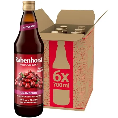 Haus Rabenhorst Cranberry Muttersaft 6er Pack (6 x 700 ml) - Veganer Cranberry Direktsaft, trinkfertig und ohne Zuckerzusatz. Ideal für eine ausgewogene Ernährung, in praktischer 6er Packung.