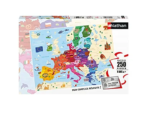 Nathan - Kinderpuzzle – 250 Teile – Karte von Europa – Mädchen oder Jungen ab 8 Jahren – hochwertiges Puzzle – Dicker und robuster Karton – Kartographie – 86879