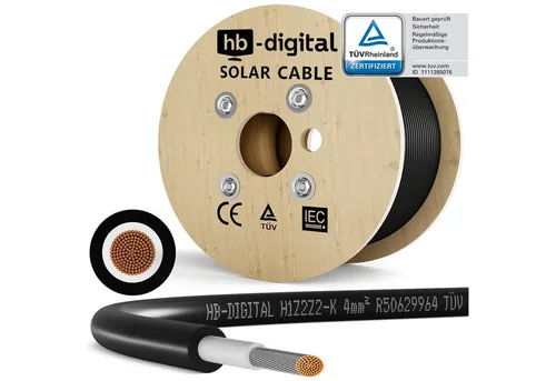 HB-DIGITAL Solarleitung H1Z2Z2-K 4mm² – Zertifiziertes PV Kabel für Photovoltaikanlagen - Hochwertiges 4mm² Solarkabel mit TÜV Rheinland Zertifizierung, ideal für den sicheren Einsatz in Photovoltaikanlagen. Robuste Isolation und hohe Temperaturbeständigkeit garantieren Langlebigkeit.