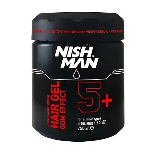 NISHMAN Hair Styling Gel 5+ Gum Effect 750 ml – Stylinggel mit ultra-starkem Halt mit langanhaltendem Glanz und definiertem Stil für Männer