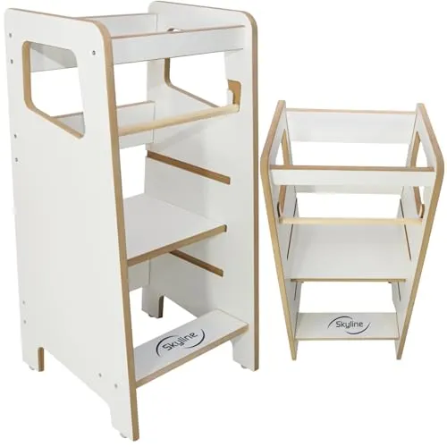 Skyline Steh und Lernturm Baby ab 1 Jahr Montessori Learning Tower Höhenverstellbar Tritthocker Kinder Indoor Möbel Kinderzimmer Trittschemel Kitchen Helper Hochstuhl Faltbarer Weiß
